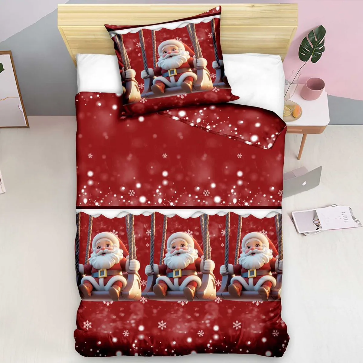 Komplet Pościel 140/200 Fashion Home Satyna Bawełna 2CZ Motywu Świętego Mikołaja