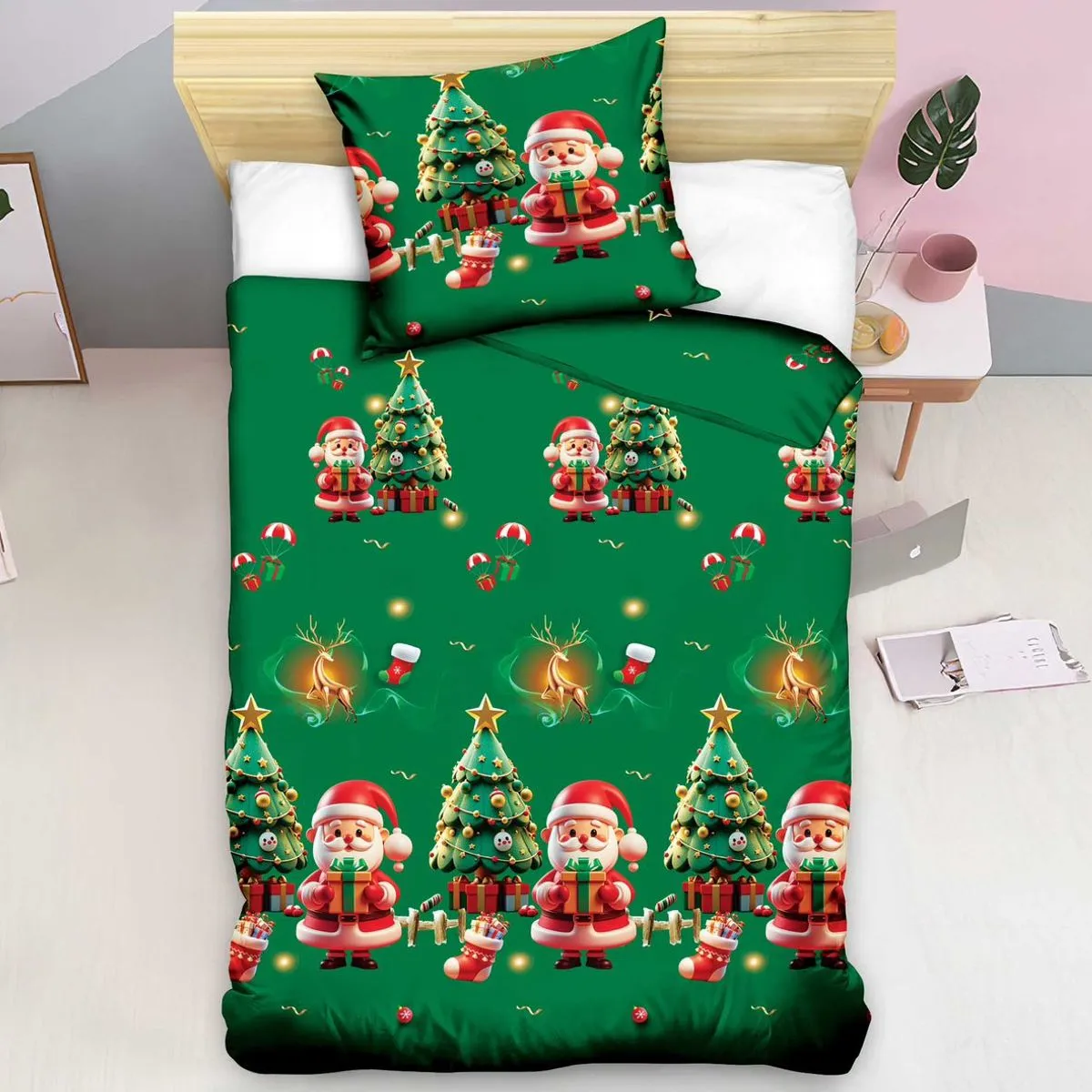 Komplet Pościel 140/200 Fashion Home Satyna Bawełna Bożonarodzeniowy