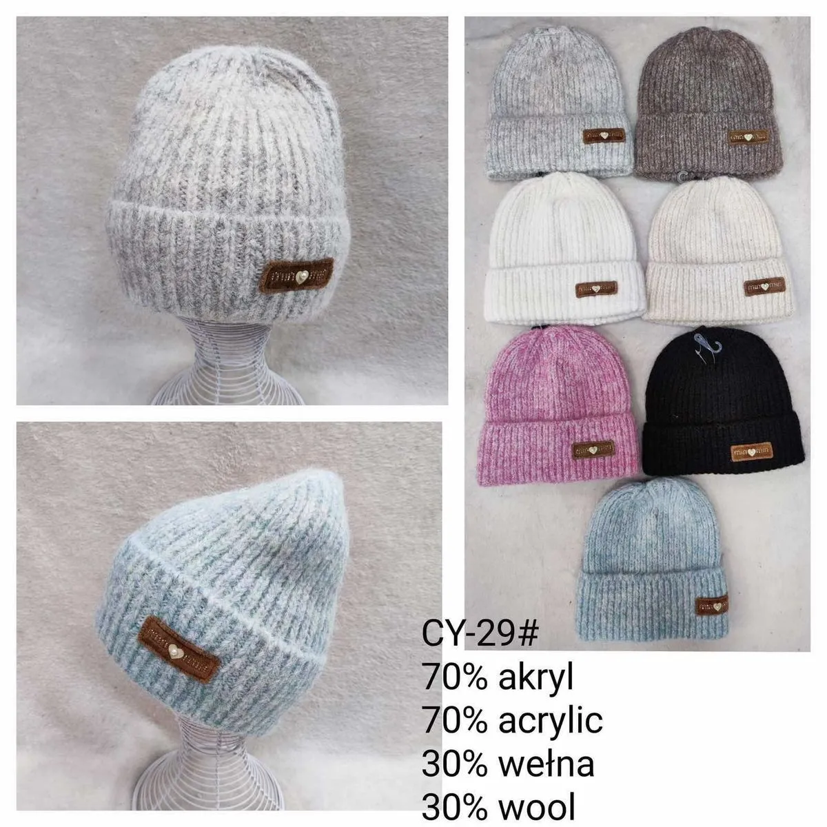 Czapki damskie dzianinowe CY-29 akryl 70% welna 30%