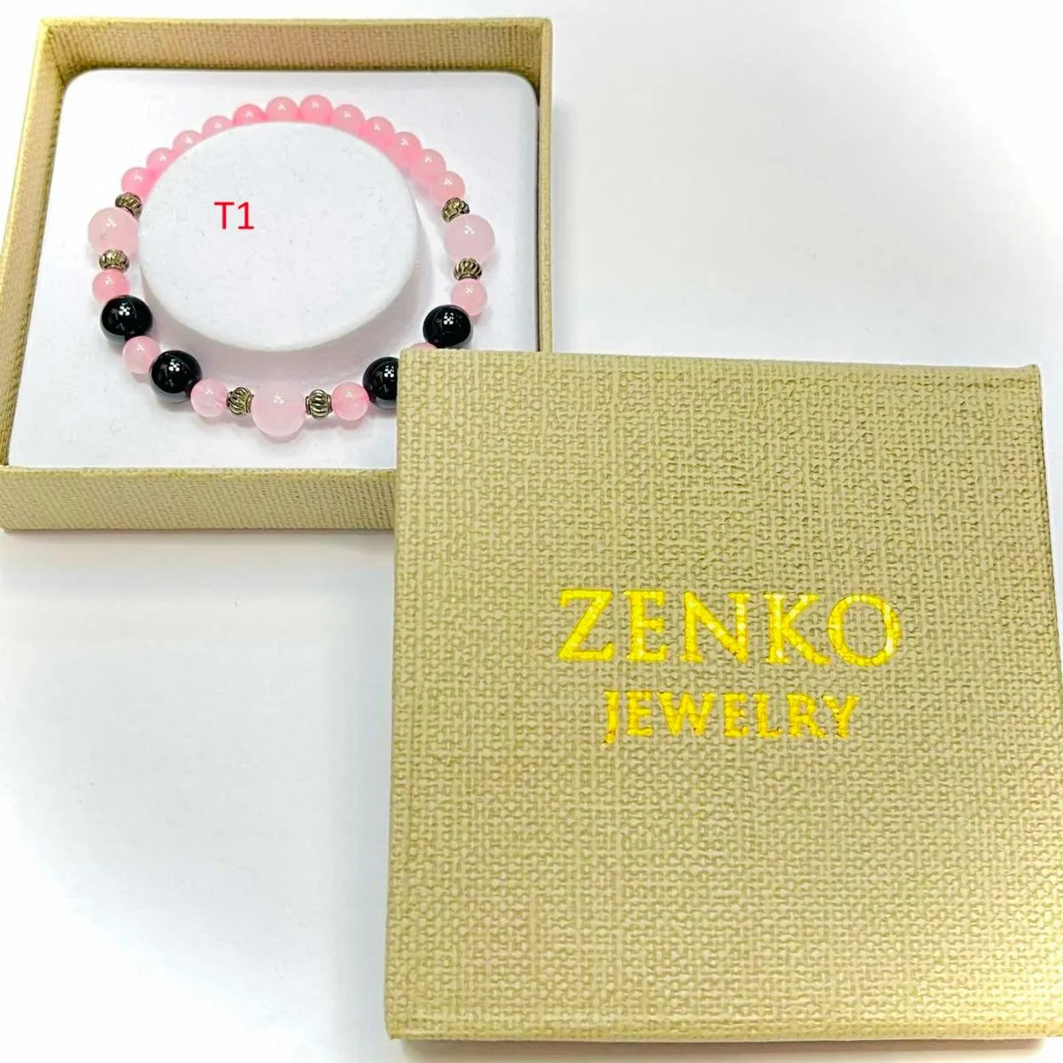 Bransoletka ZENKOKO z naturalnego kwarcu różowego i czarnego
