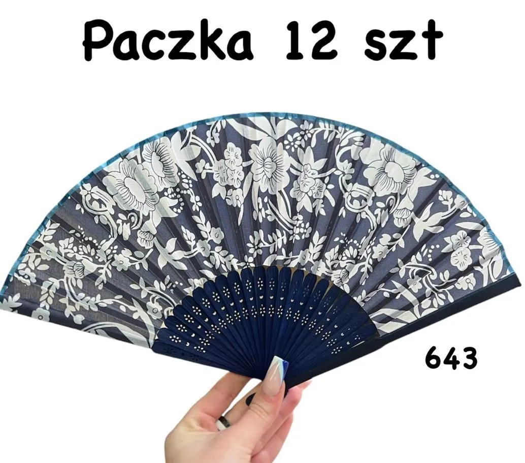 Wachlarz składany granatowy z kwiatowym wzorem