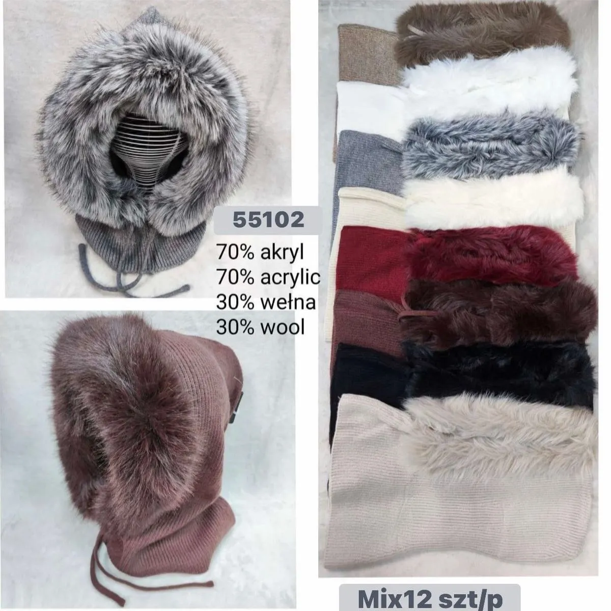 Czapki damskie kominiarki futrzane 70% akryl 30% wełna mix kolorów