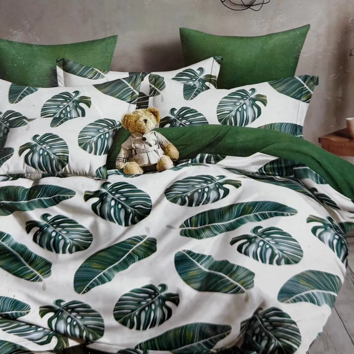 Komplet Pościel 4CZ 200/220 Liście Monstera Zielone