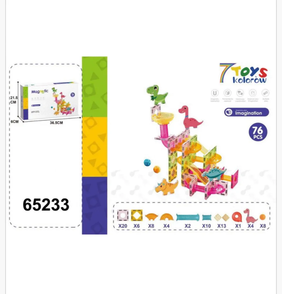 Klocki Magnetyczne Tor Kulkowy Dinozaury 76PCS 7 TOYS