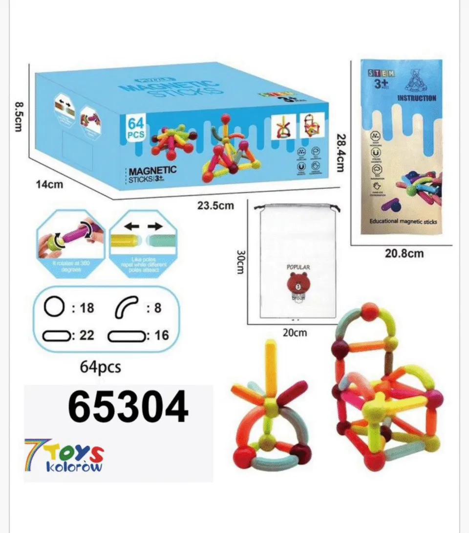 Magnetic Klocki 64PCS - Edukacyjne Pałeczki Magnetyczne STEM