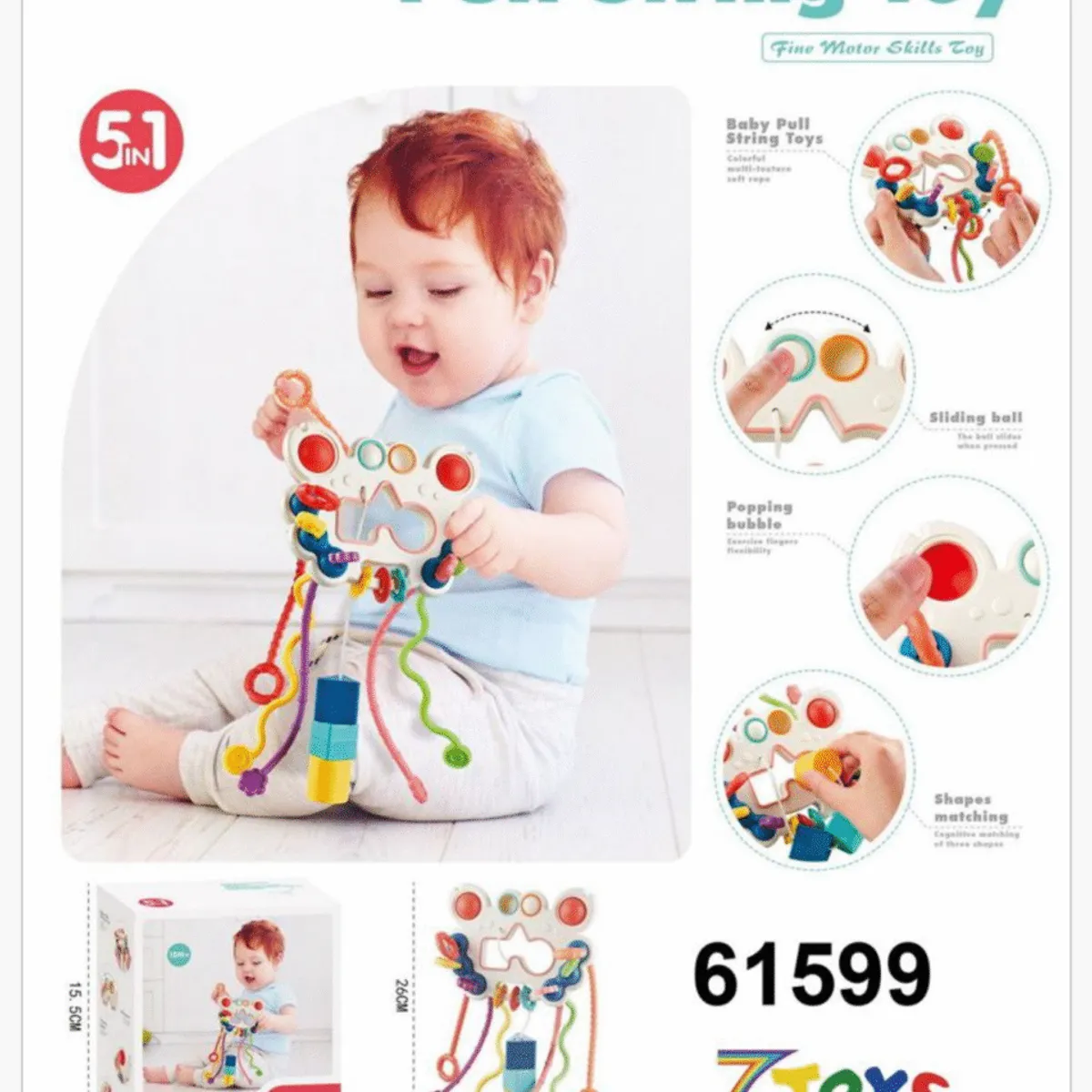 Zabawka sensoryczna Pull String Toy 5w1, gryzak sznurki 26cm