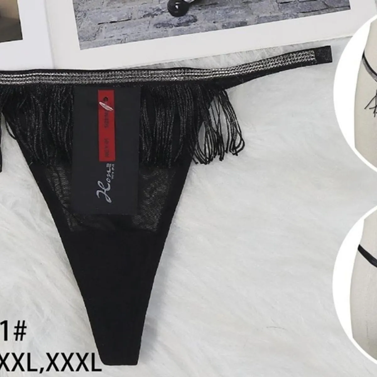 Majtki damskie czarne z frędzlami NO.Y-01 S-XXXXL