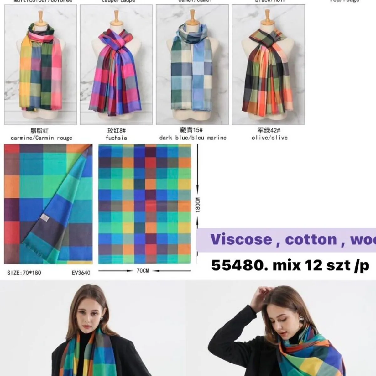 Szaliki damskie w kratę viscose cotton mix 12 szt