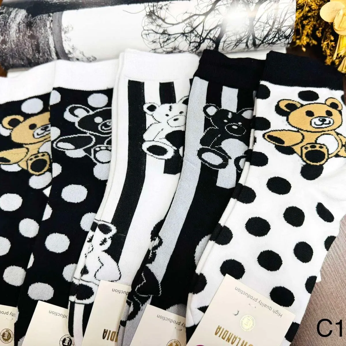Skarpetki damskie z misiem teddy bear, wzory C18