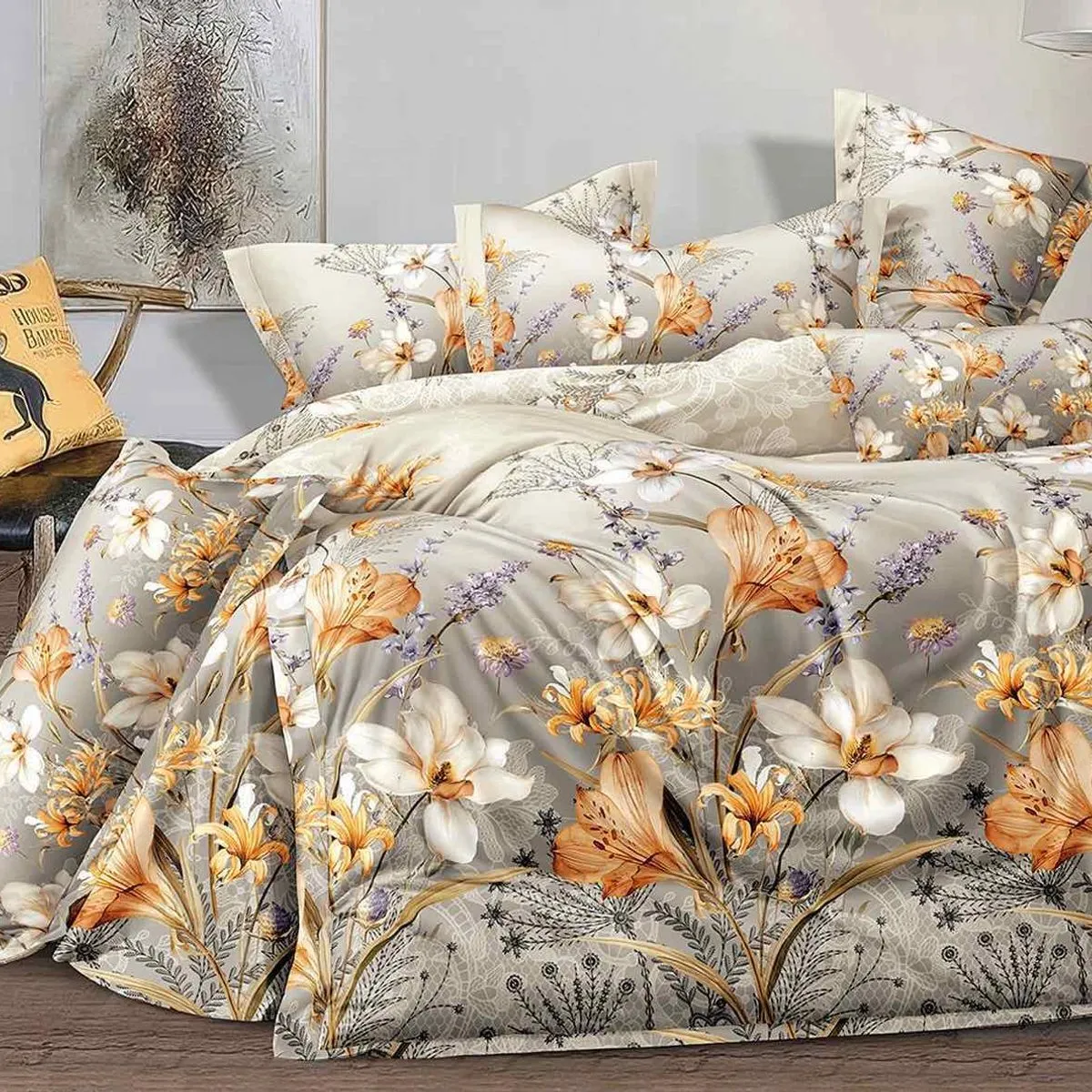 Komplet Pościel Milano 4CZ 160/200 kwiatowy beżowo-różowy