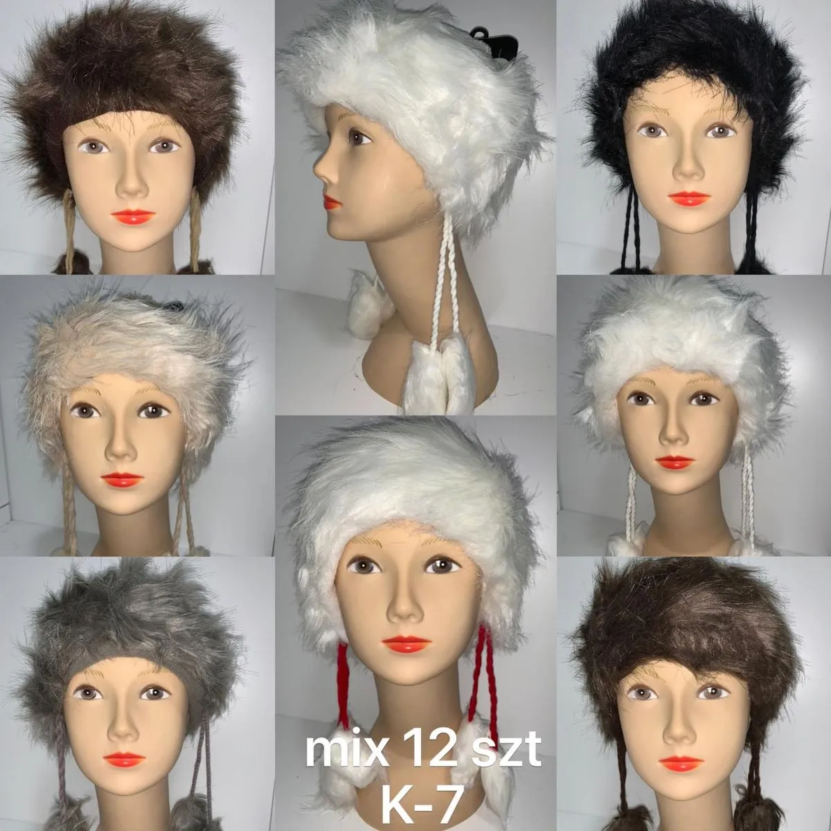 Czapka damska futrzana uszanka mix kolorów K-7, 12 szt