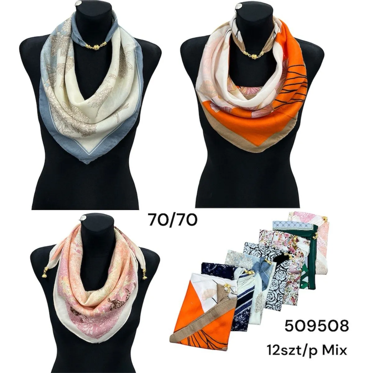 Szaliki damskie jedwabne 70/70 cm mix 12 szt