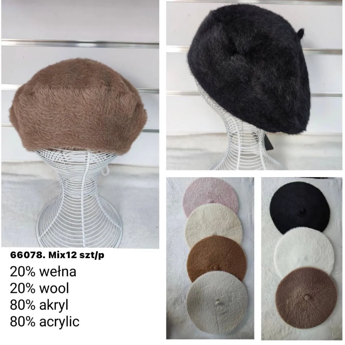 Czapki damskie berety 80% wełna 20% akryl mix 12 szt