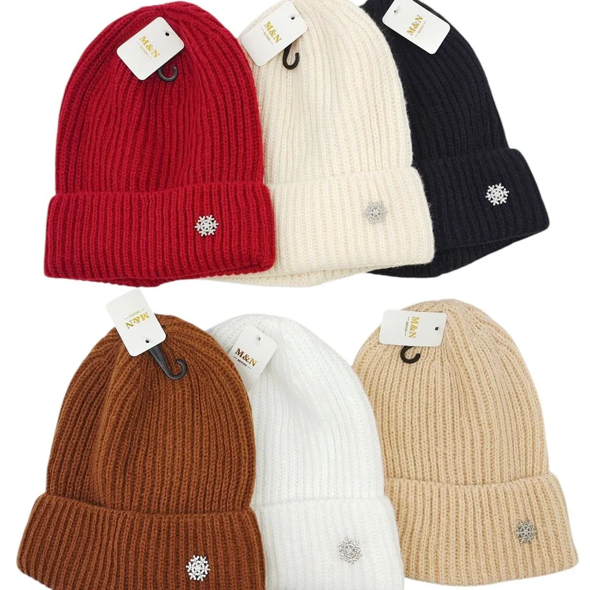 Czapki damskie beanie z ozdobą, mix kolorów