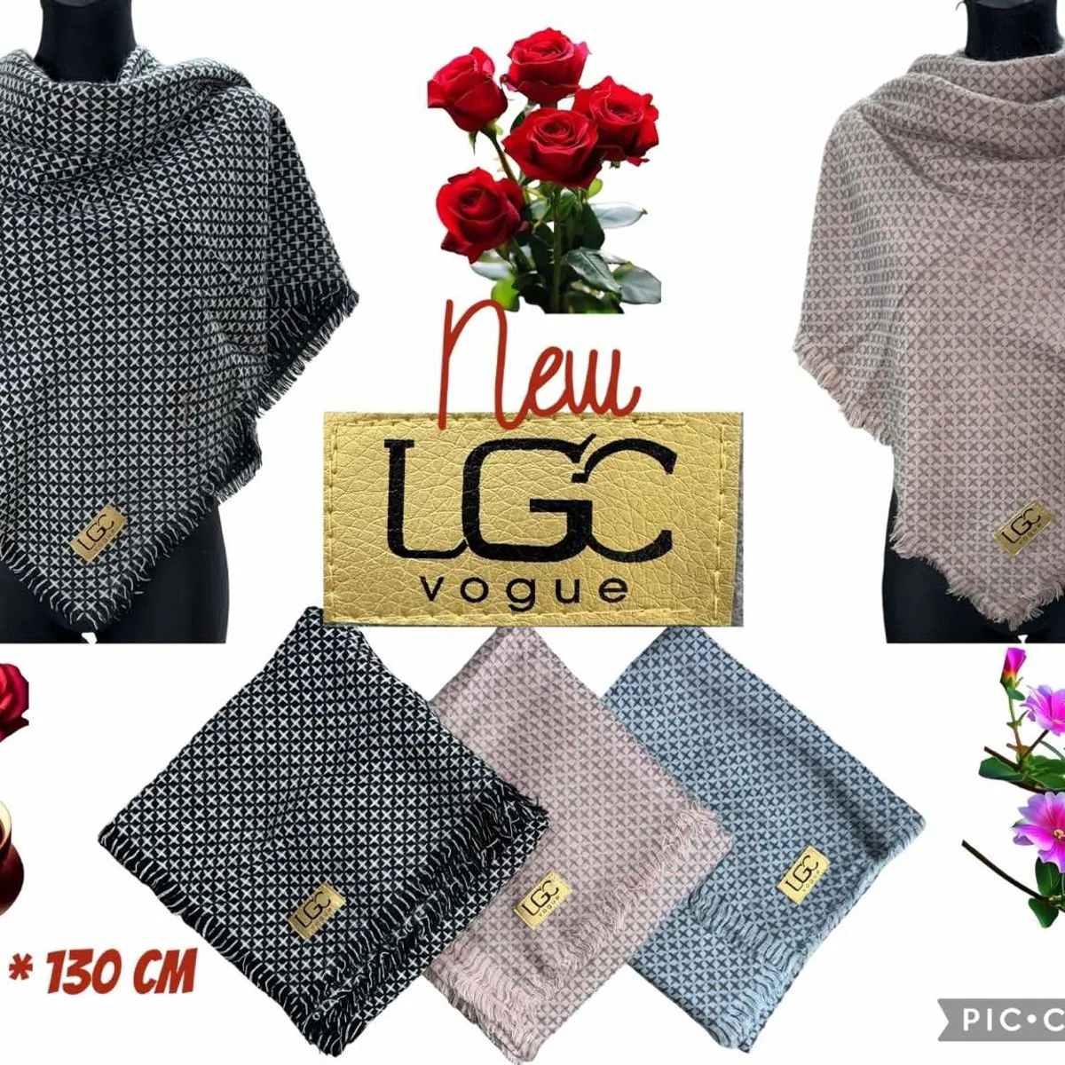 Szaliki damskie LGGC Vogue 150 cm szary, beżowy, czarny