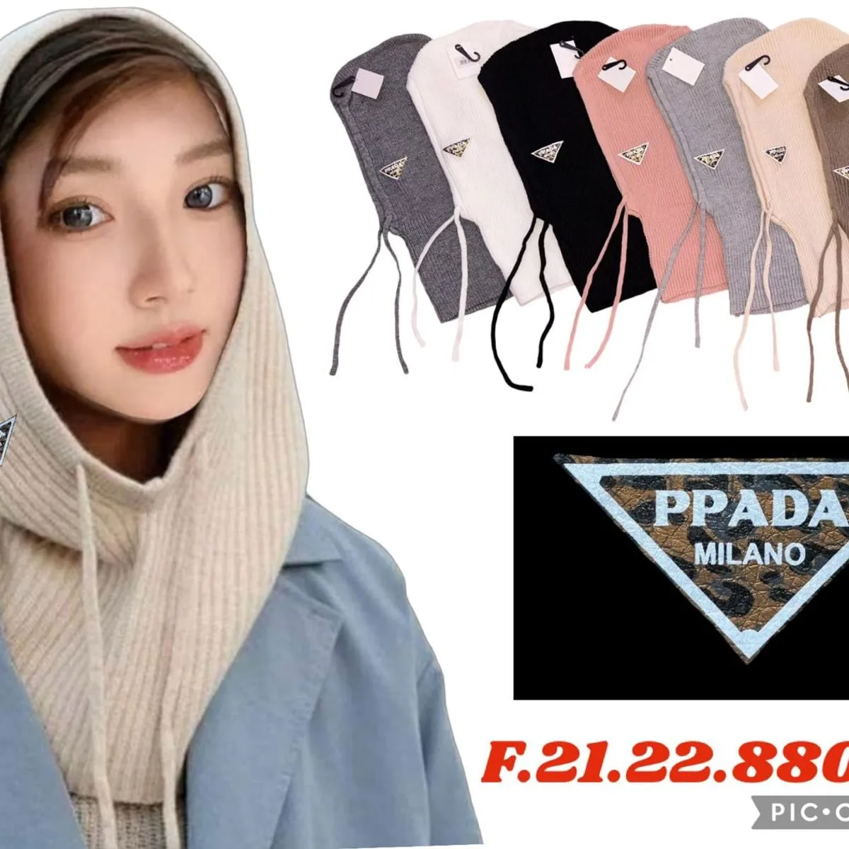 Czapki damskie kominiarki z naszywką Prada różne kolory