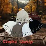 Czapki damskie beżowe, białe, czarne z ozdobami 12 szt