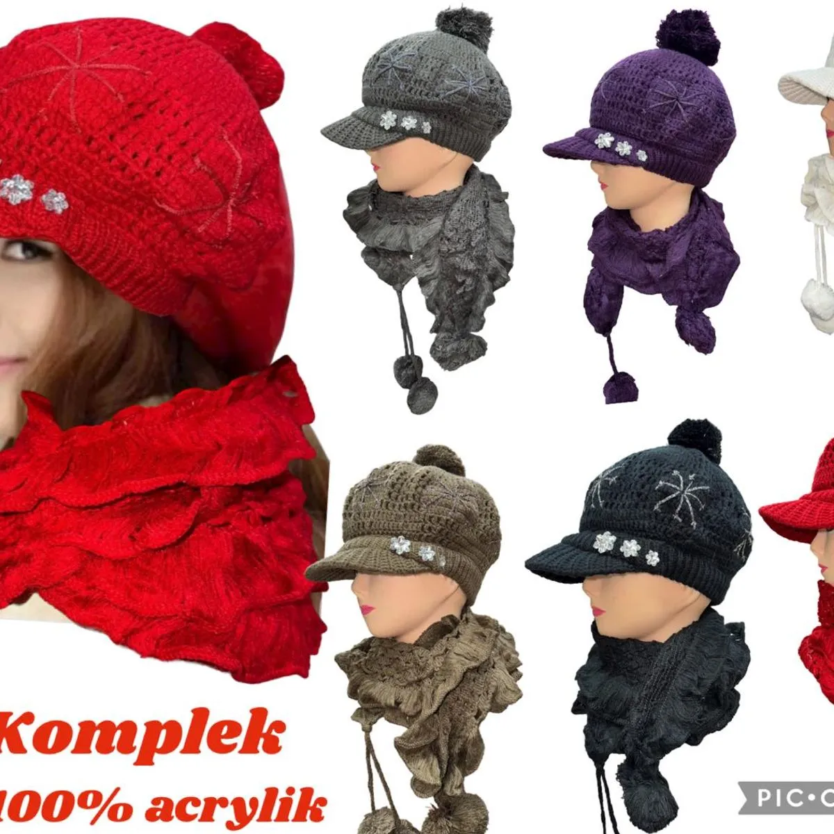 Komplet damski czapka + szalik 100% akryl różne kolory