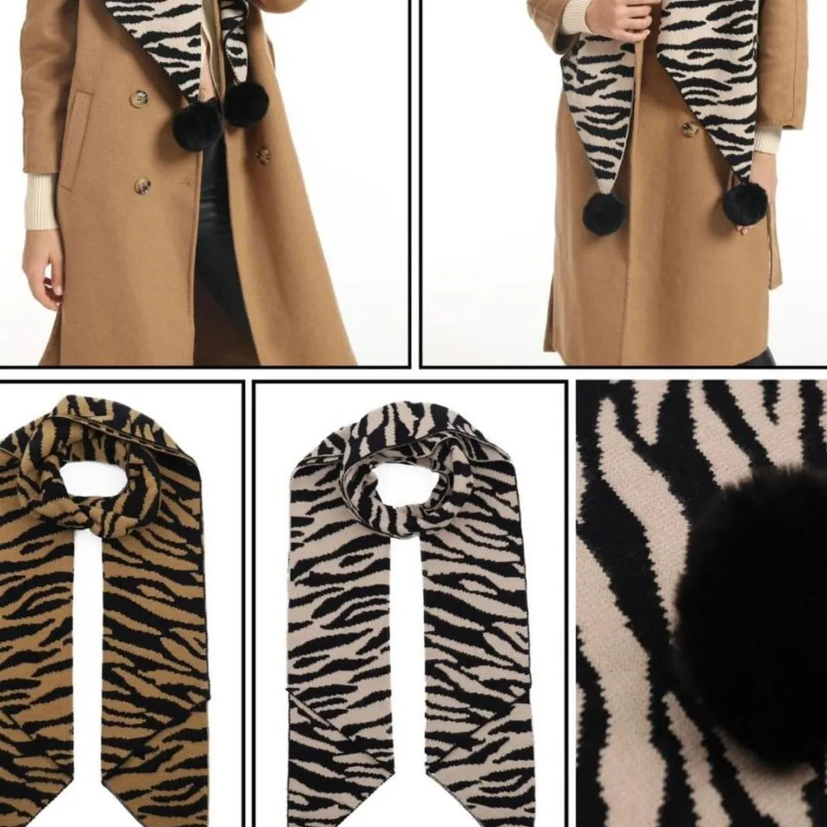 Szaliki damskie czarno-camelowe i noir-beige z pomponami