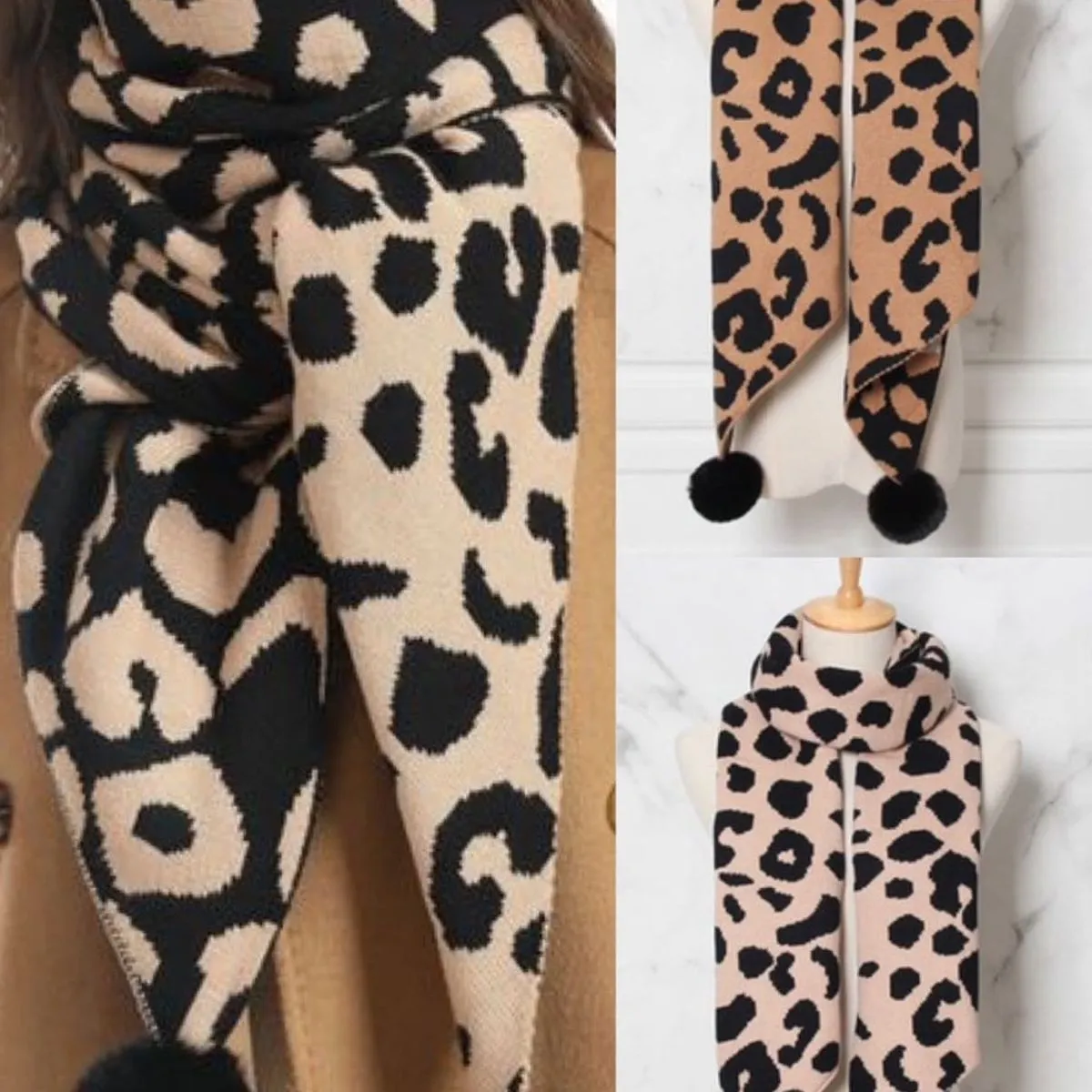 Szaliki damskie ociepiane leopard wzór 7702 mix 2kolory
