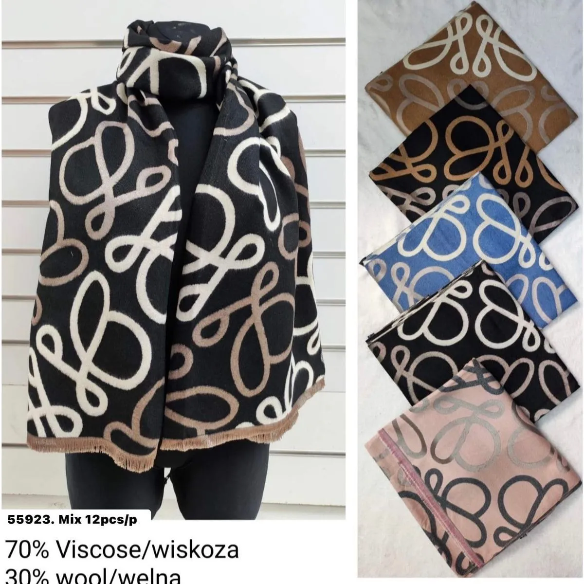 Szaliki damskie mieszane 70% wiskoza 30% wełna 12 szt