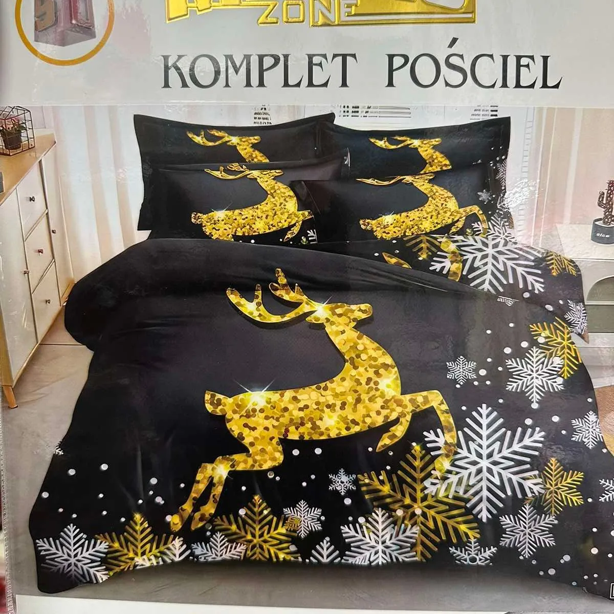 Komplet Pościel Milanoano 200/220 3cz z jeleniem i śnieżynkami
