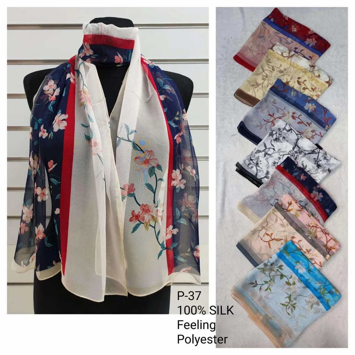 Szaliki damskie jedwabne P-37 100% Silk, 12 szt