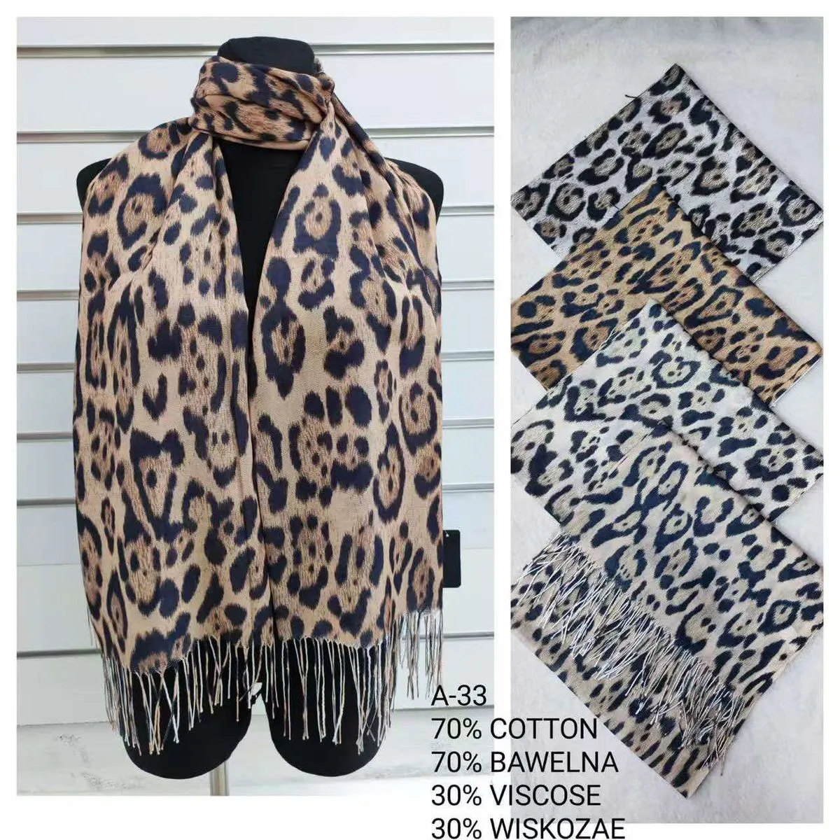 Szaliki damskie w wzór leopard 70% bawełna 30% wiskoza