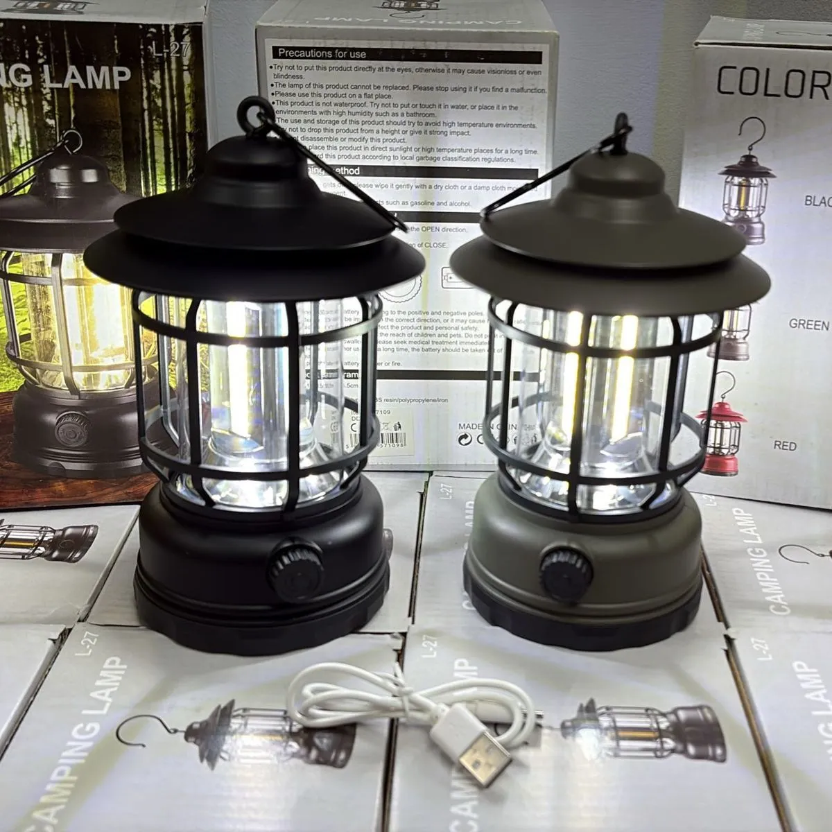 Lampa kempingowa LED ładowana USB czarno-zielona