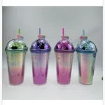 Butelka 450ml holograficzna ze słomką i brokatem, mix kolorów