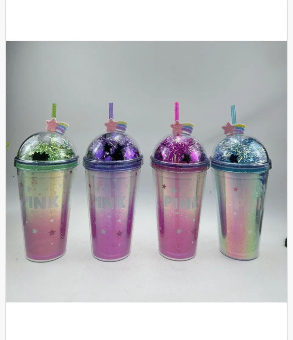 Butelka 450ml holograficzna ze słomką i brokatem, mix kolorów