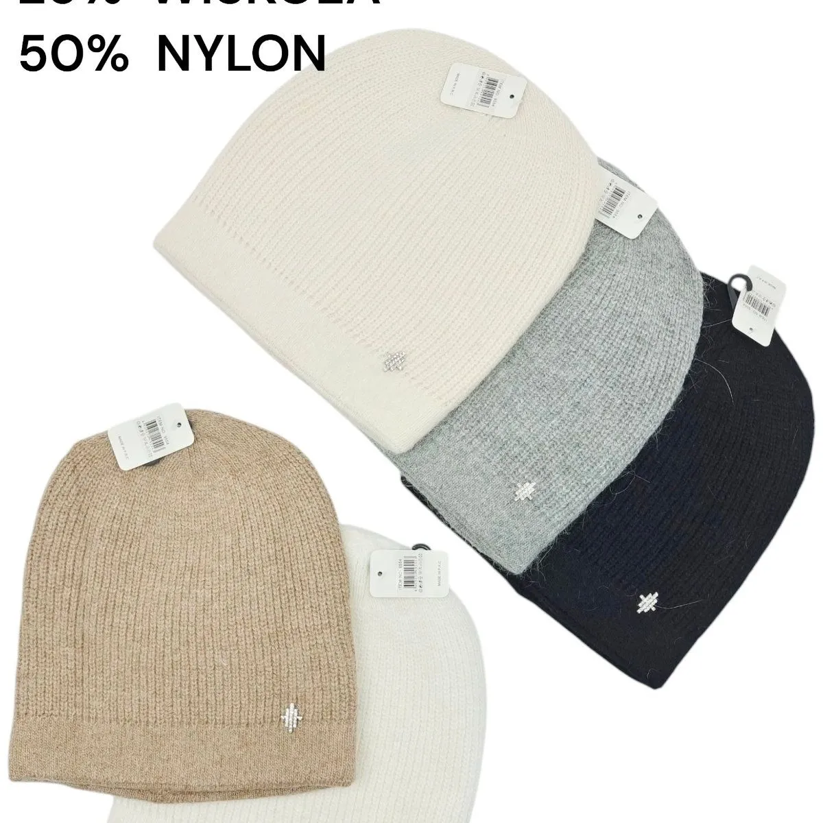 Czapki damskie beanie 25% angora, 25% wiskoza, 50% nylon