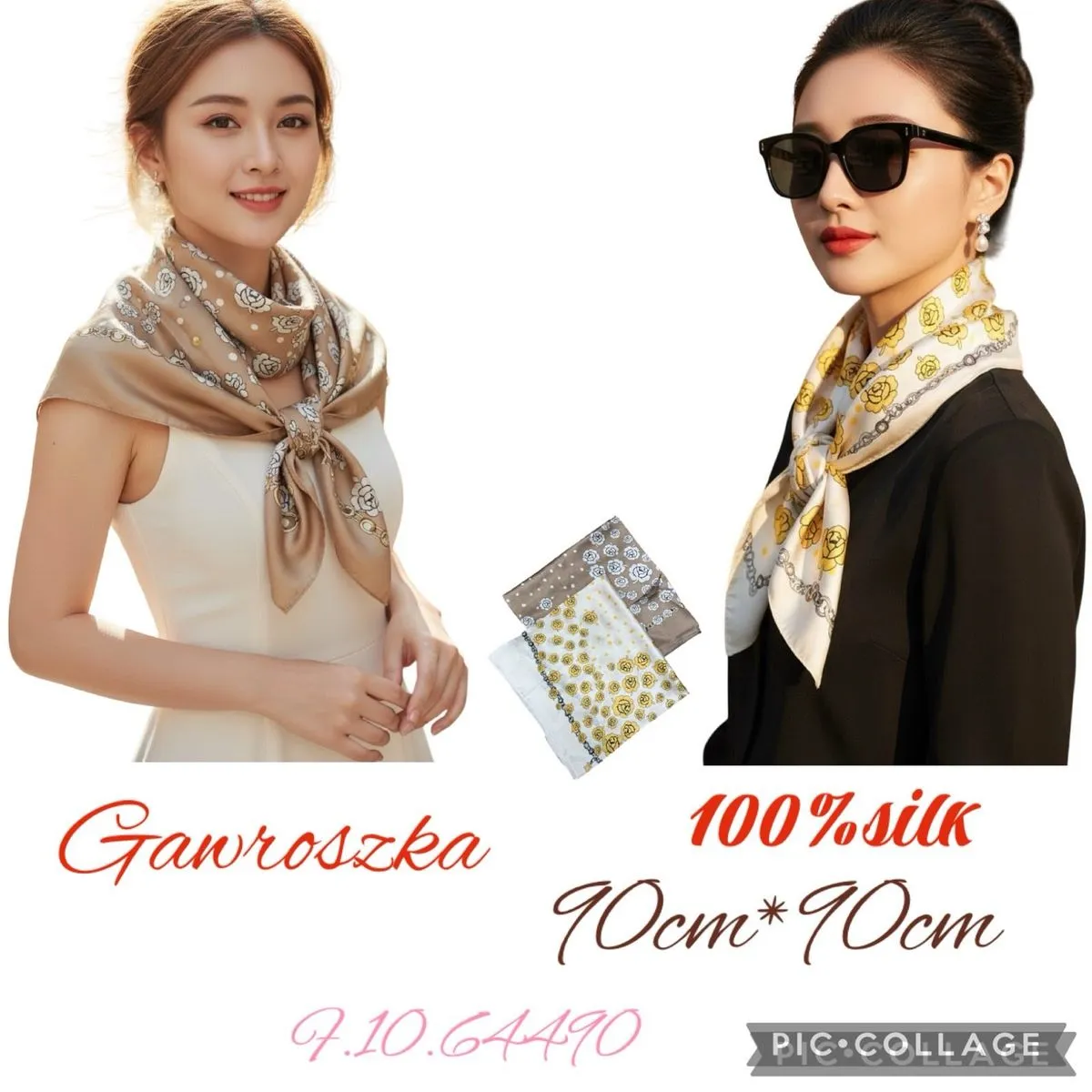 Szaliki damskie jedwabne 90x90cm beżowo-żółte