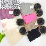Czapki damskie z pomponem 70% nylon, 10% wiskoza, 20% angora