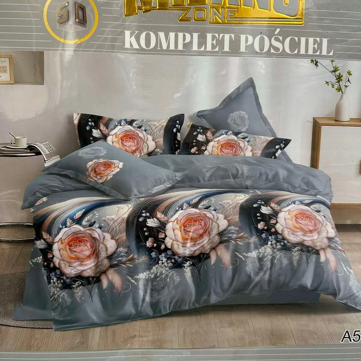 Komplet Pościel 3cz Milano 160/200 Szary z Różami