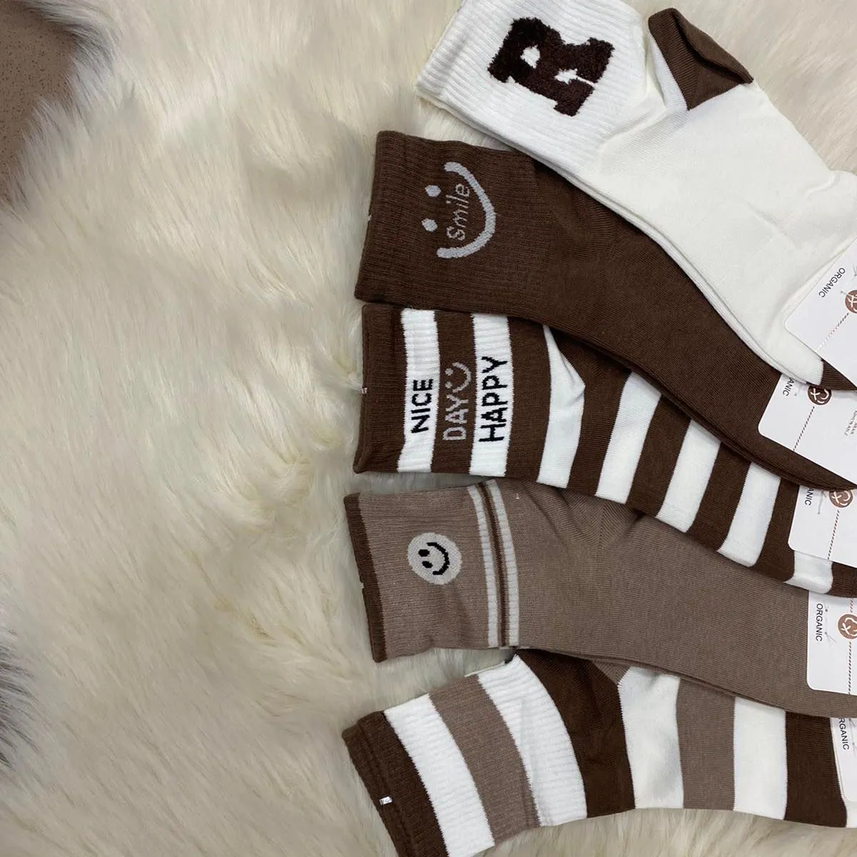 Skarpetki damskie z napisami Nice Day Happy, brązowe/białe