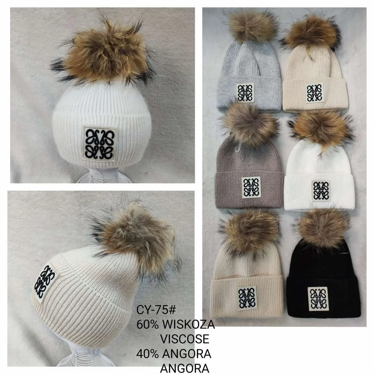 Czapki damskie z pomponem 60% wiskoza 40% angora