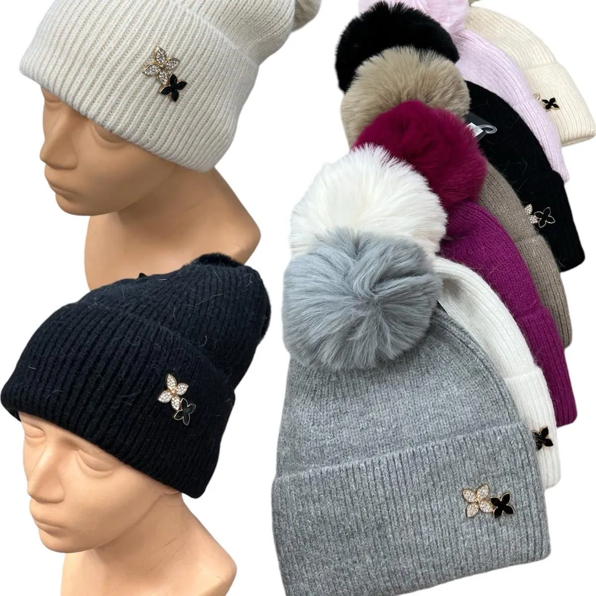 Czapki damskie z pomponem MO021.01 angora viscose
