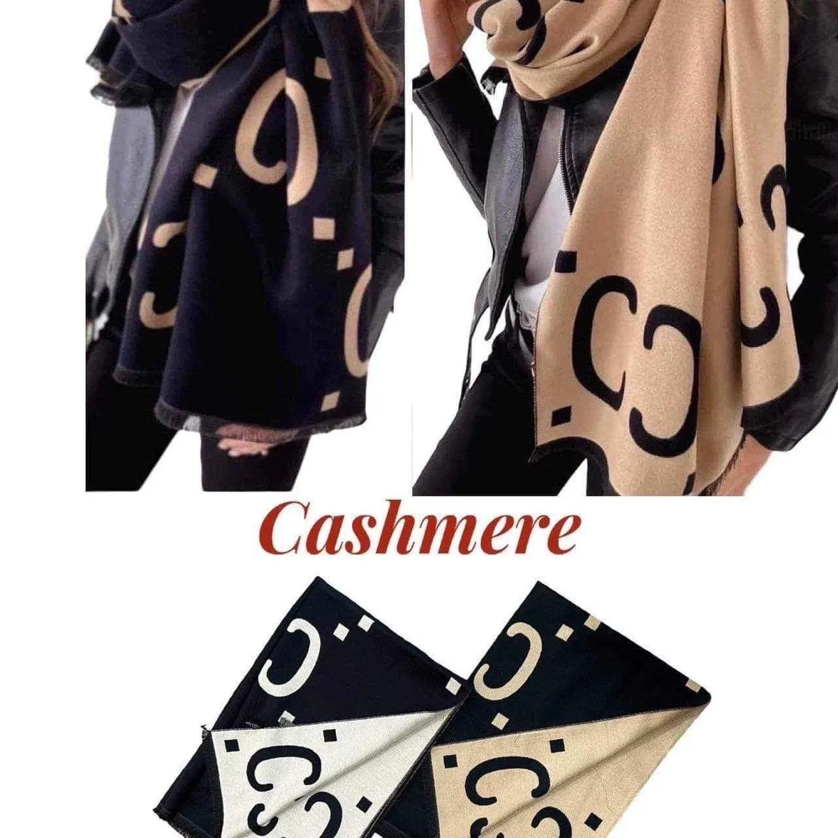 Szaliki damskie Cashmere beżowo-czarny wzór GG