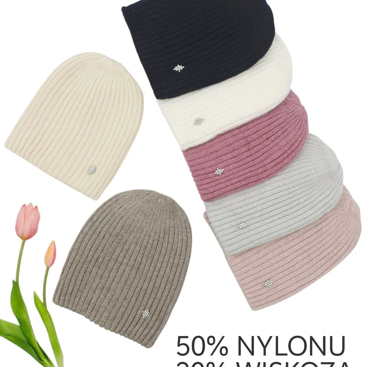 Czapki damskie dzianinowe 50% nylon, 20% wiskoza, 30% angora