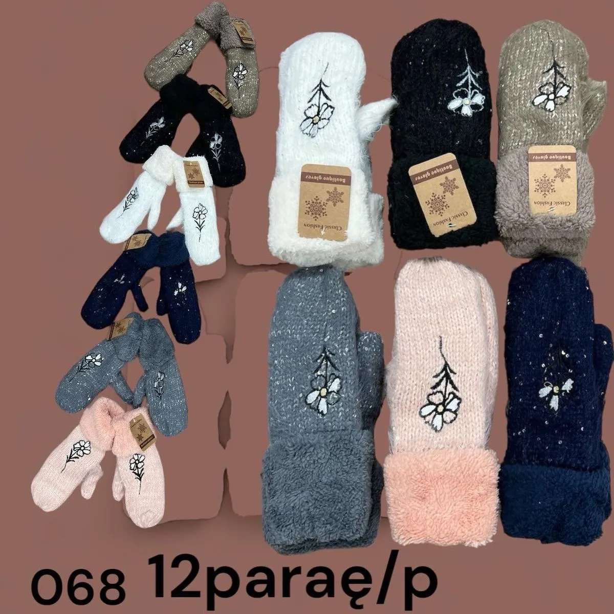 Rękawiczki damskie na mrozy, dzianina, 12 par/opak.