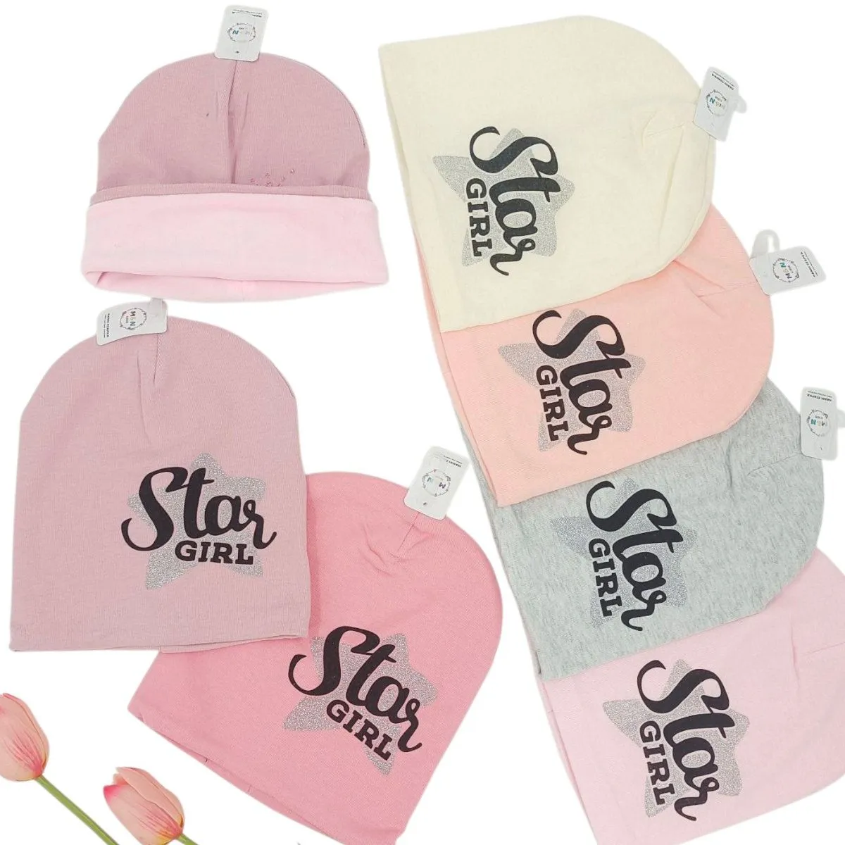 Czapki dla dzieci Star Girl, beż, róż, szary, 12 szt