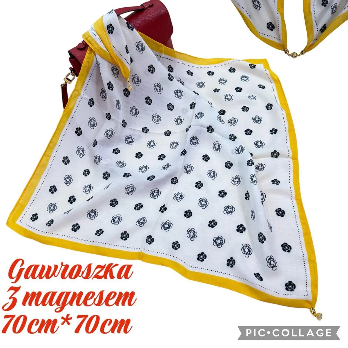 Chusta damska 70x70cm z magnezem biała z żółtą obwódką