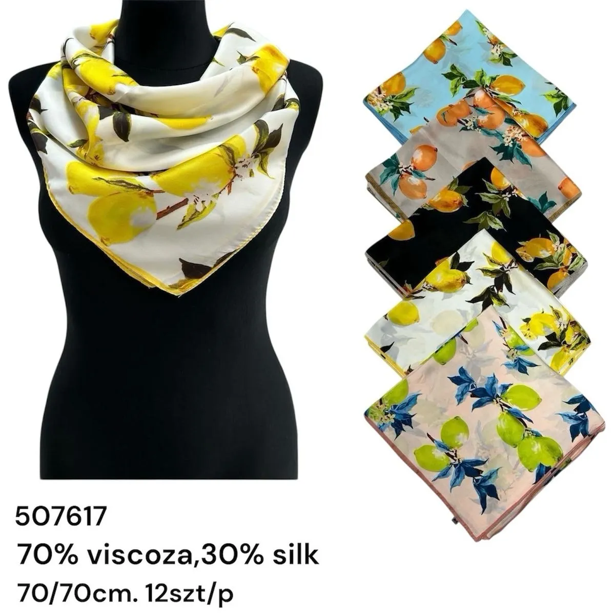 Chusta damska 70/70cm wzór cytryn 70% wiskoza 30% jedwab