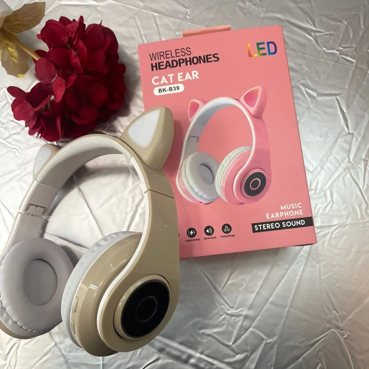 Słuchawki Bezprzewodowe BLUETOOTH Cat Ear LED BK-B39 Beżowe