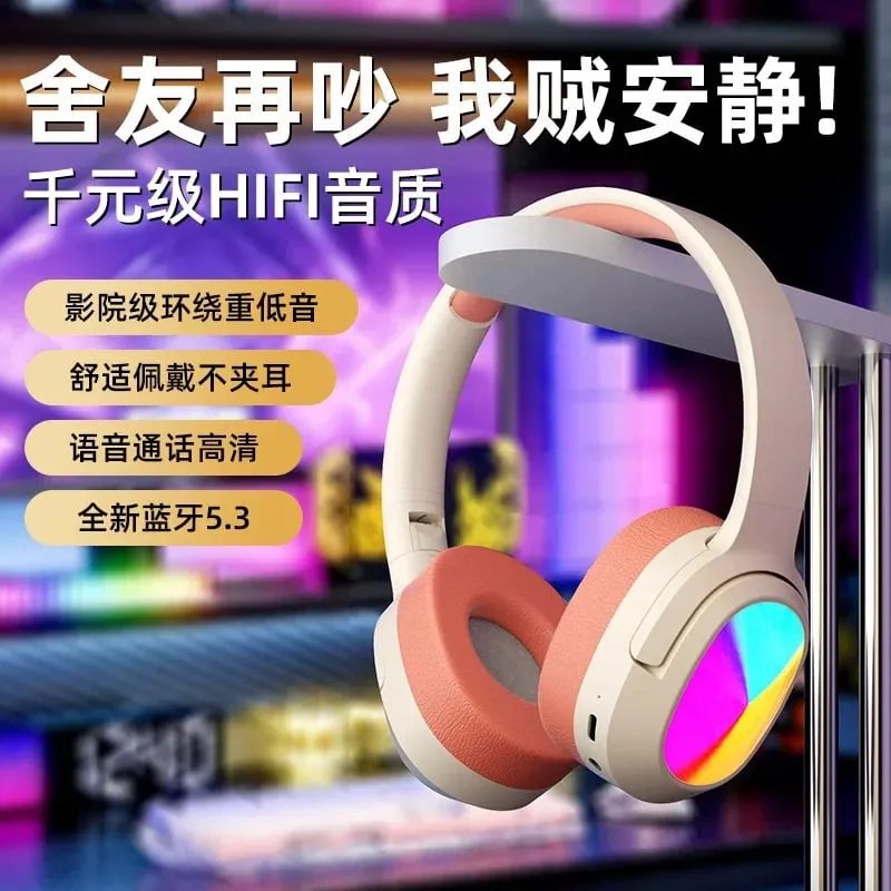 Słuchawki Bezprzewodowe BLUETOOTH 5.3 RGB Nauszne Różowo-Białe