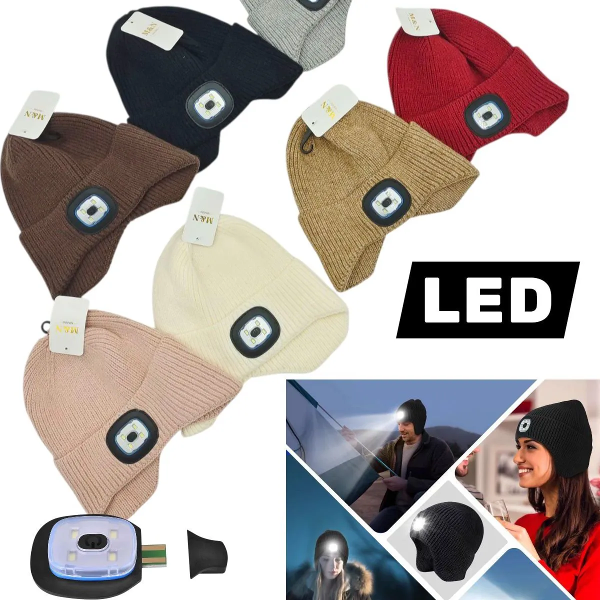 Czapki beanie z diodą LED świecącą, 8 kolorów