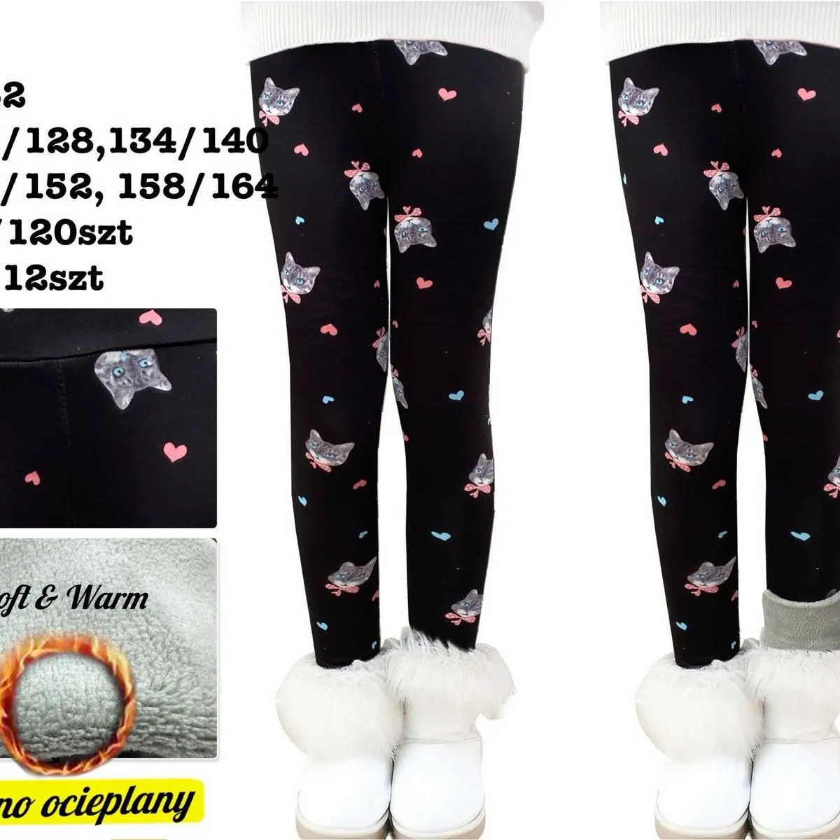 Legginsy dla Dzieci Ocieplane Czarne z Kotkami 122/128-164