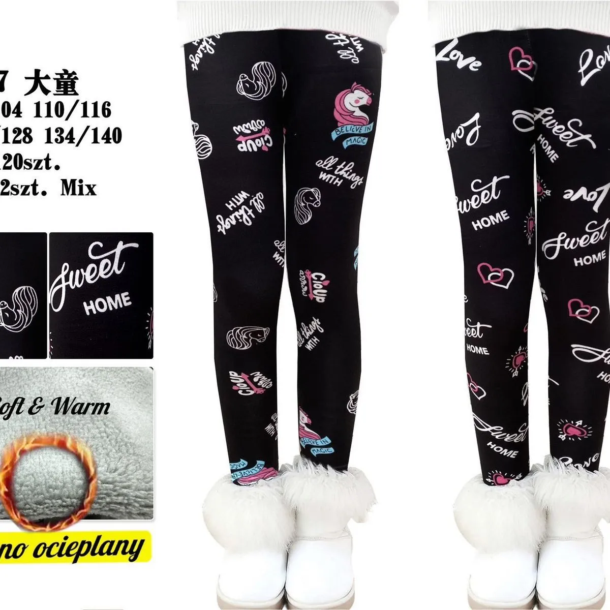 Legginsy dla Dzieci Ocieplane Czarne z Jednorożcem