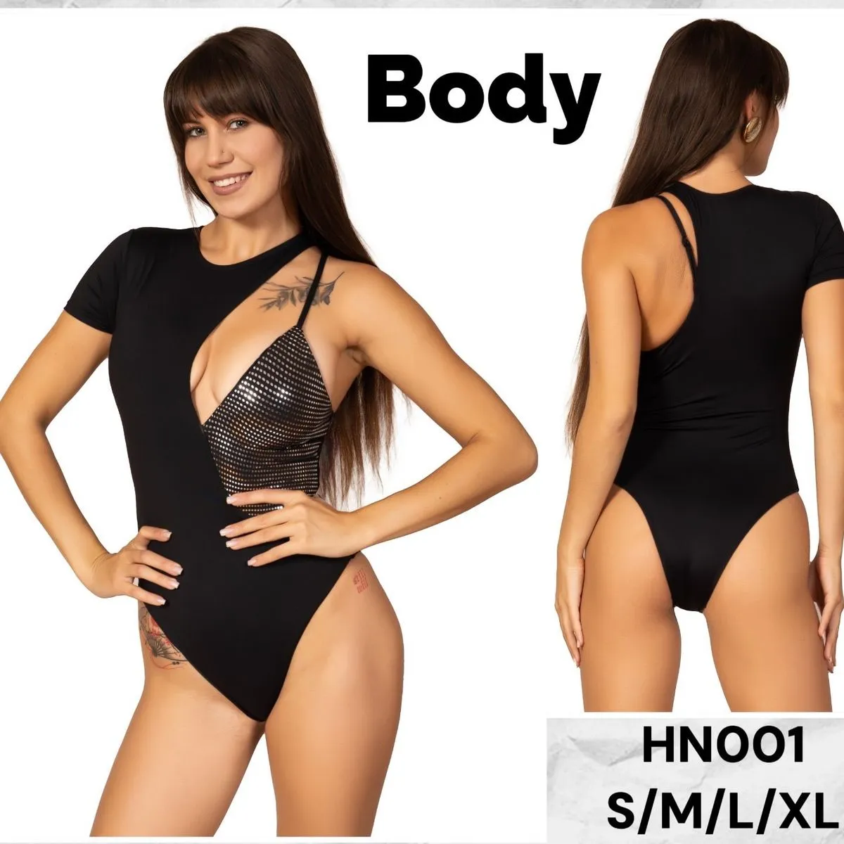 Bodysuit damski czarny z metalicznymi wstawkami S/M/L/XL